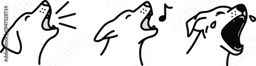 Three simplified canine depictions expressing different sounds and emotions, with musical notes
