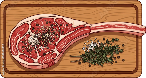 Raw cut of meat seasoned with peppercorns and salt, garnished with herbs