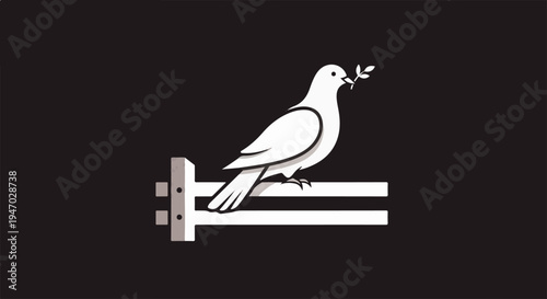 White dove with olive branch perched on a minimalist fence against a dark background