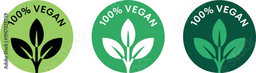 100 Percent Vegan Green Round Badge Labels with Leaf Icon, Eco-Friendly Food Packaging Sticker Set Vector Illustration Collection