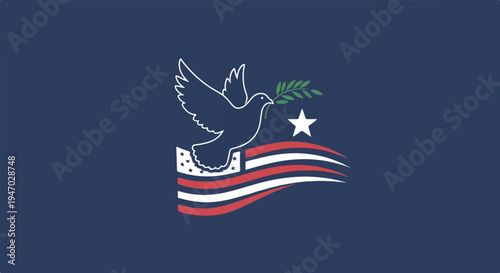 White dove with olive branch flies over stylized patriotic flag