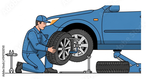 Mechanic changing car tire.