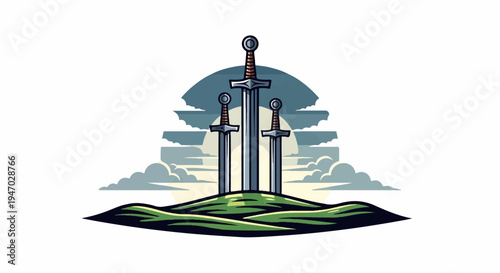 Three swords are thrust into a grassy hill under a large moon and clouds