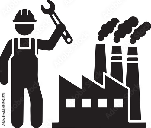 Industrial worker with wrench standing next to factory building.