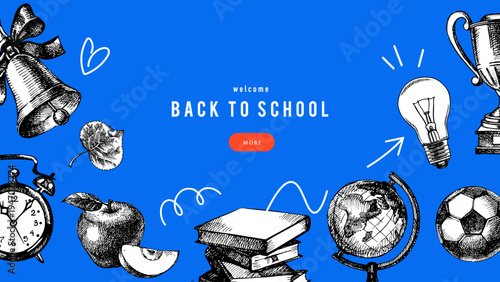 Back to school sketch collage banner. Education poster template with hand drawn accessories. Frame design. Vector vintage illustration