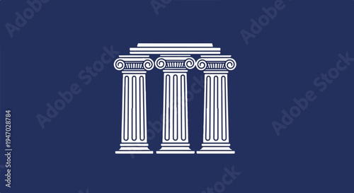 White ionic columns with volutes support a pediment against a dark blue background