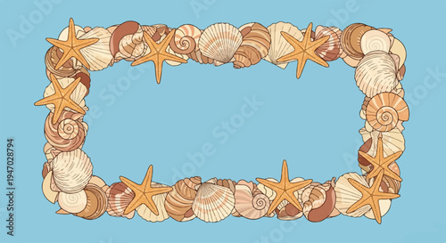 Rectangular border composed of shells and starfish on a solid blue background
