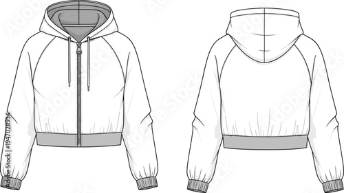 Front and back view cropped zip hoodie template with raglan sleeves drawstring hood apparel mockup outline for fashion design vector