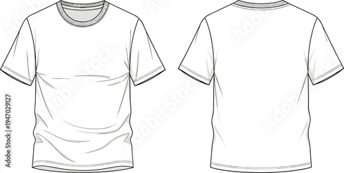 Front and back view blank t shirt template outline with short sleeves crew neck apparel mockup for fashion design vector