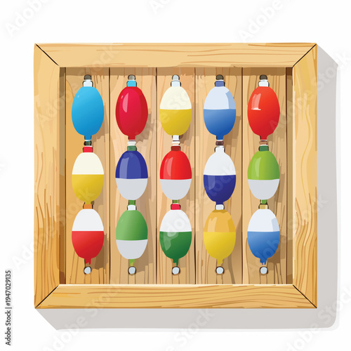 Colorful fishing bobbers arranged on a wooden board with decorative framing