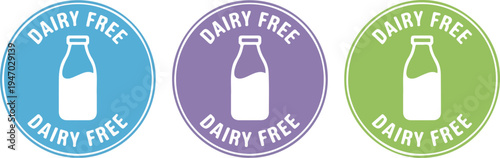 Dairy Free Product Label Badge Collection with Milk Bottle Icon, Lactose Free Vegan Food Packaging Vector Illustration Set