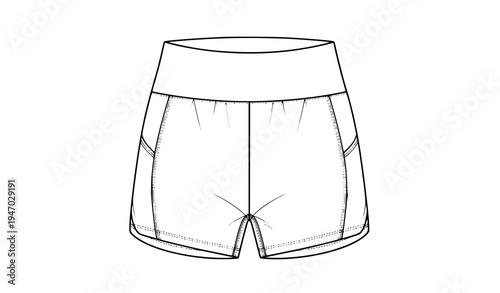 High-waisted women’s athletic gym shorts CAD flat vector template elastic waistband sportswear illustration isolated on white
