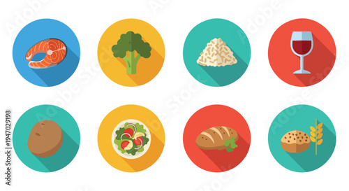 Set of 8 healthy food and drink vector icons with long shadows, including salmon, broccoli, rice, wine, potato, salad, bread, and wheat, ideal for nutrition, diet, and grocery-related designs.