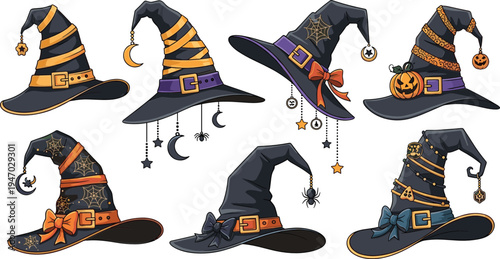 Halloween witch hats collection with pumpkins spiders stars moon spooky magic costume accessory cartoon vector illustration set