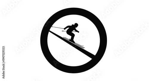 Skier descending a slope within a circular prohibition sign silhouette
