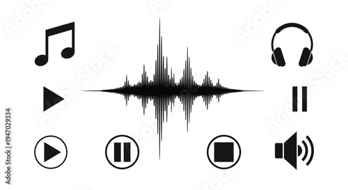 Musical elements including notes waveform and controls black silhouette high quality