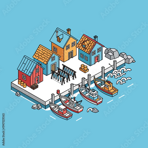 Isometric illustration of a harbor with fishing boats, houses, and docks.