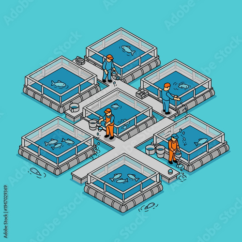 Isometric illustration of a fish farm with workers tending to the aquatic livestock.