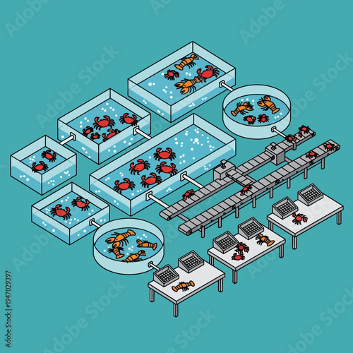 Isometric illustration of a seafood processing plant with tanks, conveyors, and tables.