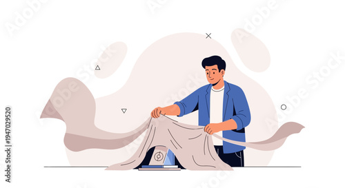 Man Unveiling Laptop with Books, Revealing New Technology and Knowledge