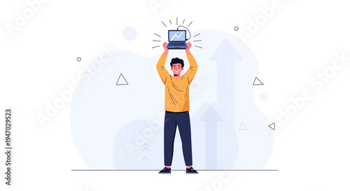 Man Holding Laptop with Growth Chart, Success Concept, Business Growth, Technology