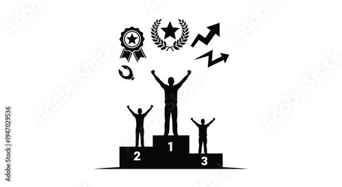 Victory celebration with awards laurel wreaths and a triumphant silhouette