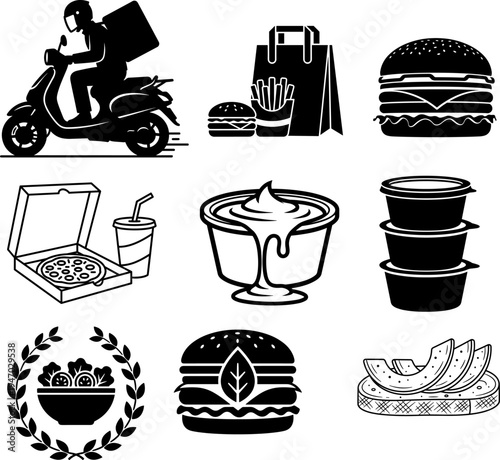 online Fast food icons collection with coffee cup tea pizza burger cake and restaurant menu symbols vector illustration
