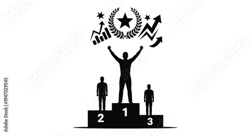 A victorious person celebrates on a podium with laurel wreaths silhouette