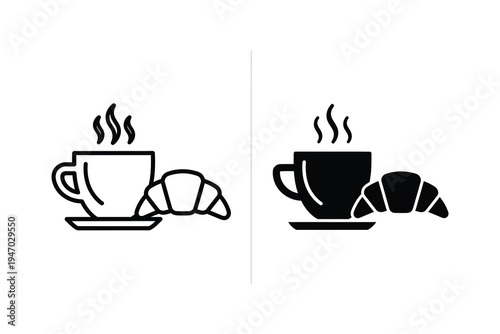 Hot coffee cup and croissant icon, symbolizing breakfast or break time.