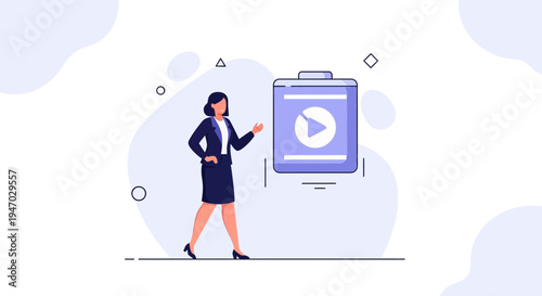 Businesswoman presenting video content with play button icon, modern flat illustration