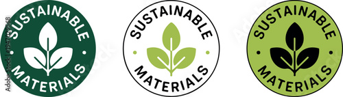 Sustainable Materials Eco Badge Collection with Green Leaf Symbol, Environmental Label and Organic Product Certification Vector Illustration Set