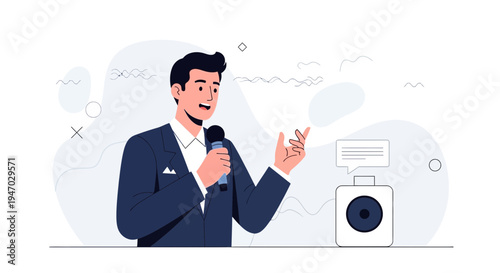 Man Speaker with Microphone and Speaker, Business Presentation, Conference, Public Speaking