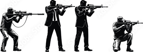 Men holding rifles in various shooting stances, sniper and tactical positions, black silhouette vector illustration, weapon posture artwork, military security design