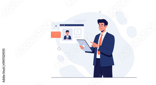 Businessman using tablet with email and profile interface, digital communication concept