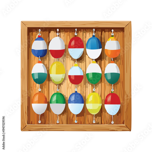 Colorful fishing floats displayed on a wooden panel against white background