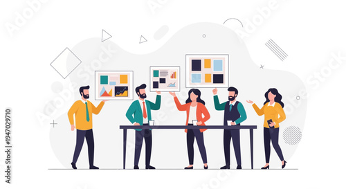 Business team meeting, presenting charts and graphs, flat design illustration