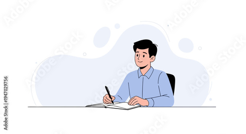 Young man writing in notebook at desk, illustration, focused student, creative work