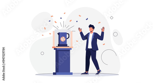 Man celebrating winning a prize, a kettle on display with confetti falling