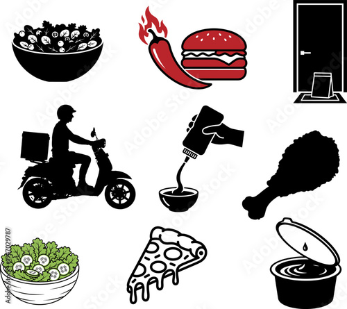 online  Fast food and drink icons set with burger sushi coffee cake and restaurant meal symbols vector illustration