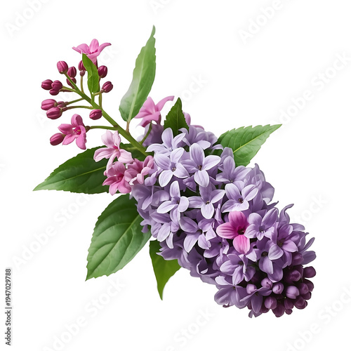 A beautiful bouquet of purple lilacs and pink flowers on a white background