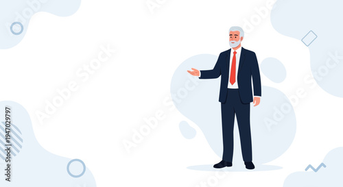 Elderly Businessman Gesturing Welcome, Presentation, Corporate Meeting Background