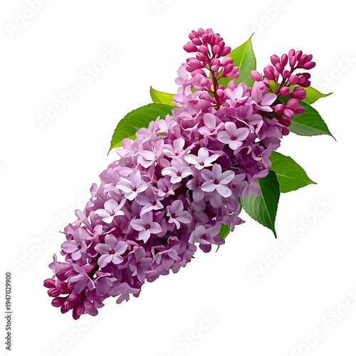 A beautiful bunch of lilac flowers with green leaves on a white background