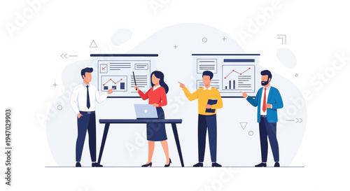 Business team presenting financial charts on whiteboards in a modern office meeting