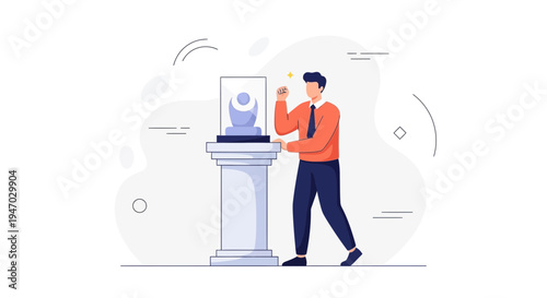 Man admiring sculpture in museum display case, modern illustration