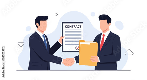 Businessmen shaking hands over contract, partnership agreement, deal closing, teamwork
