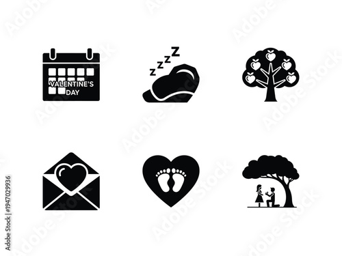 Black icons of fathers day, sleeping, tree, love letter, baby feet, and family under tree, vector of love icon set