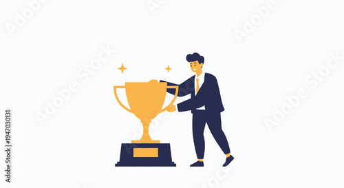 Businessman holding a golden trophy, celebrating success and achievement