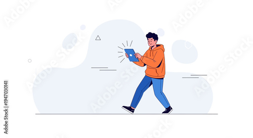 Man walking with tablet, modern flat illustration, technology concept