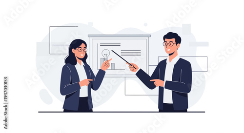 Business meeting presentation with two professionals discussing ideas at whiteboard