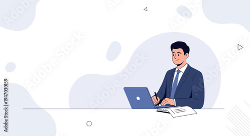 Businessman working on laptop and writing notes at desk